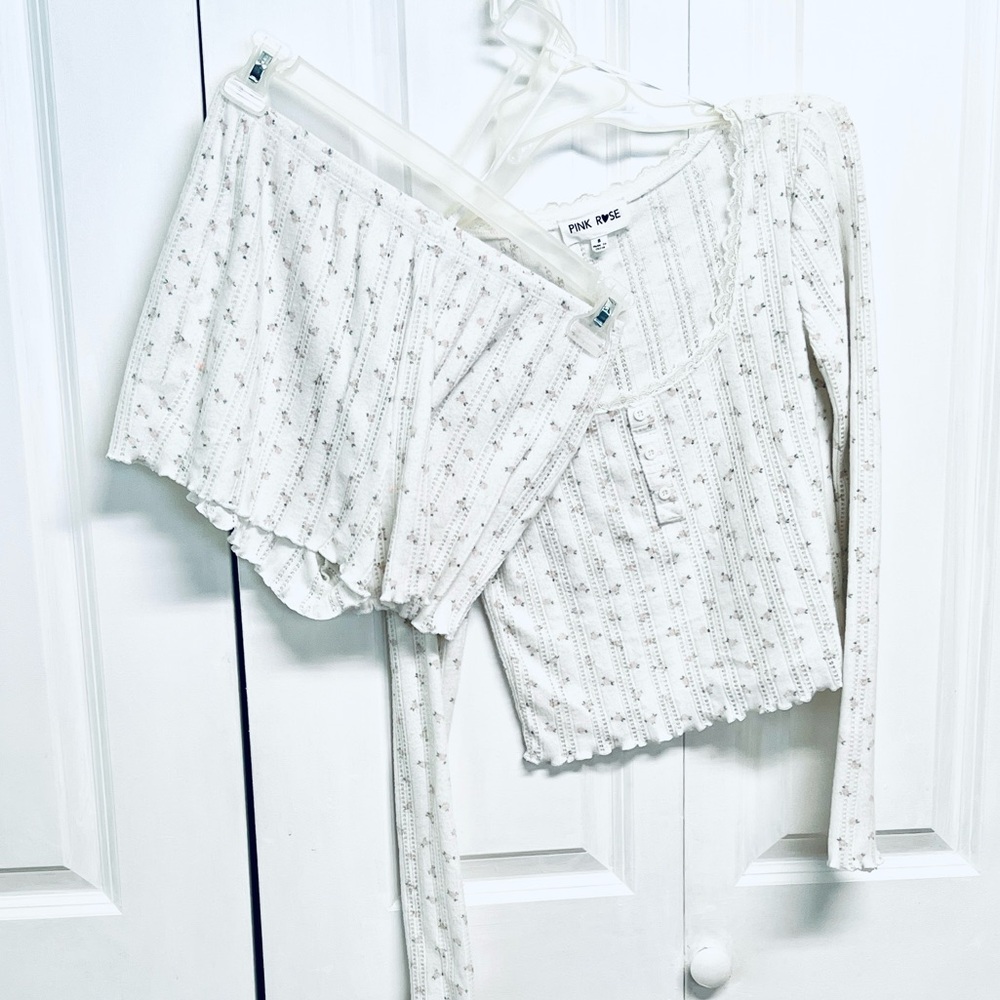 Pink Rose Ribbed Floral Long-Sleeve Crop Top & Shorts Set Size S